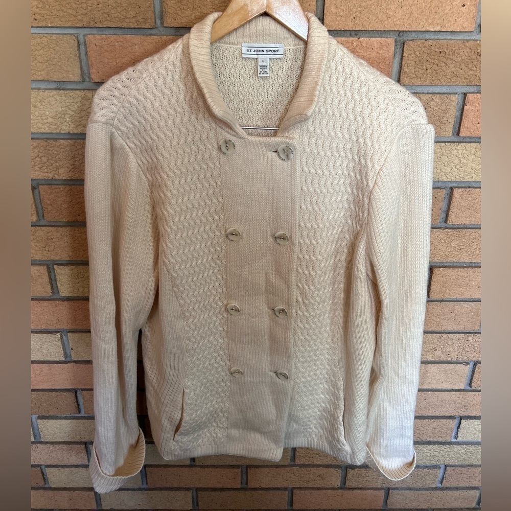 St. John Sport Wool Cashmere Silk Blend Knit Buttoned Sweater Jacket Size Large